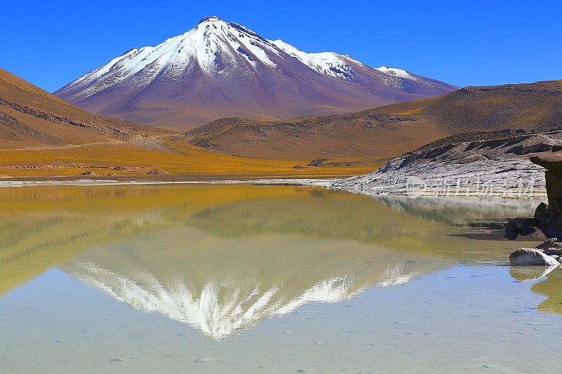 Salar de Talar和Miniques火山-绿松石湖反射和田园般的阿塔卡马沙漠，火山景观全景-圣佩德罗阿塔卡马，智利，Bolívia和阿根廷边境